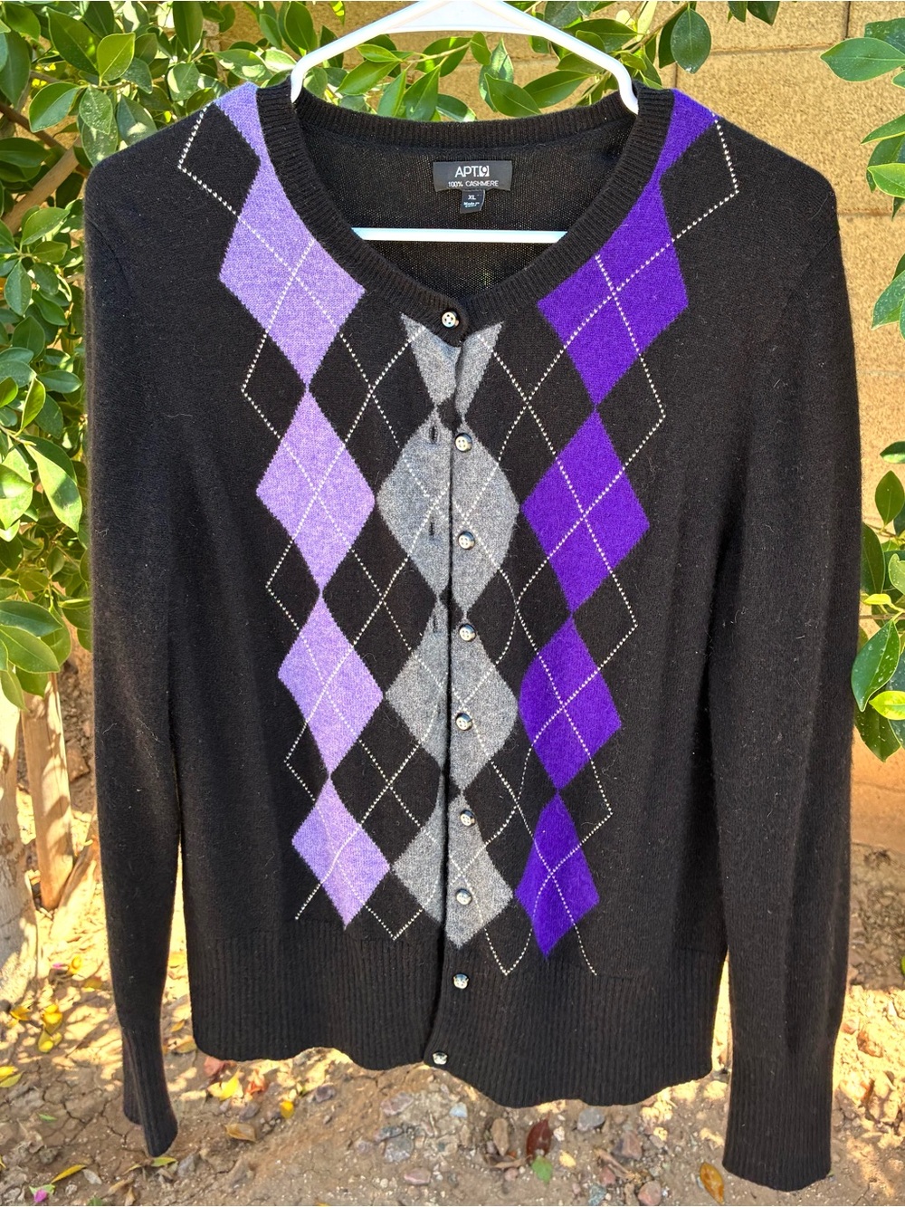APT. 9 100% Cashmere Cardigan Women’s XL Black Purple Argyle Button Front